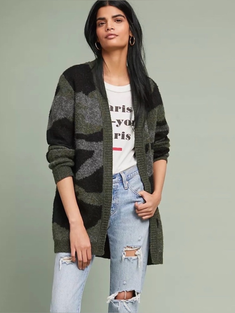 Anthropologie Olive Green Black Gray Camouflage Open Cardigan